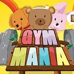 ダンベルを背景に、犬、クマ、ウサギのキャラクターが「GYM MANIA」と書かれた看板の上にいるイラスト。