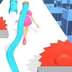 青い髪の女性が白い道を歩いており、両側には赤い丸ノコギリがあります。