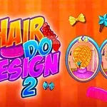 カラフルな背景に「HAIR DO DESIGN 2」と書かれたロゴと、2つのヘアスタイルが描かれた楕円形のフレームが並ぶ。