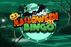 緑の背景にハロウィンの装飾が施された「Halloween Bingo」の文字とコウモリ、カボチャのイラスト。