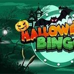 緑の背景にハロウィンの装飾が施された「Halloween Bingo」の文字とコウモリ、カボチャのイラスト。