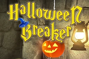 ハロウィーンのカボチャランタンとランプの隣に「Halloween Breaker」と書かれた黄色の文字。