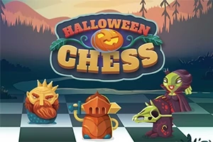 ハロウィンをテーマにしたチェスの駒と「HALLOWEEN CHESS」のタイトルが描かれたイラスト。