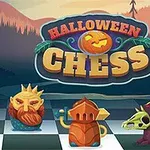 ハロウィンをテーマにしたチェスの駒と「HALLOWEEN CHESS」のタイトルが描かれたイラスト。