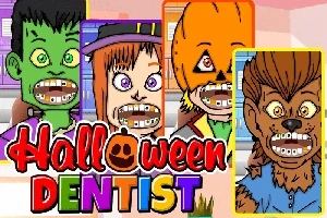 ハロウィンのコスチュームを着た4人のキャラクターが歯を見せているイラスト。