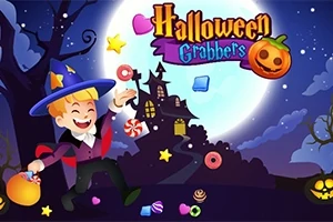 満月の夜に、魔女の帽子をかぶった少年がキャンディを持って微笑んでいる。