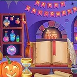 本の開かれたテーブルの上に、かぼちゃ、キャンドル、薬瓶、羽ペン、ハッピーハロウィンのバナーが飾られた魔法の部屋のイラスト。