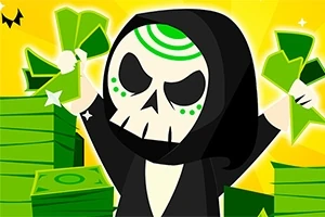 黒いフードをかぶったスカルフェイスのキャラクターが、緑色の紙幣を両手に持ち、積み重ねられたお金の山の前で笑っている。