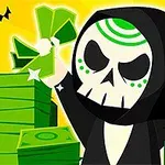 黒いフードをかぶったスカルフェイスのキャラクターが、緑色の紙幣を両手に持ち、積み重ねられたお金の山の前で笑っている。