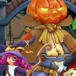 ジャック・オー・ランタンのかかしと、魔女の衣装を着たピンクの髪の少女、ドラキュラが門の前にいるハロウィンのイラスト。