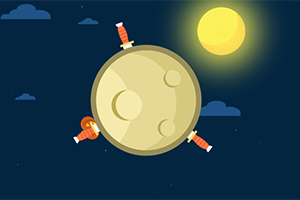 夜空に浮かぶ黄色い星と、その周りを回転している剣が刺さった小さな惑星。