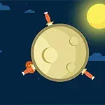 夜空に浮かぶ黄色い星と、その周りを回転している剣が刺さった小さな惑星。