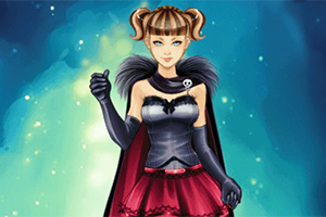 青い背景に対して、赤いスカートと黒いケープを身に着けた女性キャラクターが立っている。