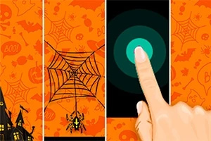 オレンジ色の背景にクモの巣とクモのイラスト、右側には指がスマートフォンの画面をタッチしている様子。