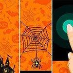 オレンジ色の背景にクモの巣とクモのイラスト、右側には指がスマートフォンの画面をタッチしている様子。