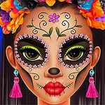 カラフルな花の冠を身に着けた女性が、華やかなメイクを施されている。