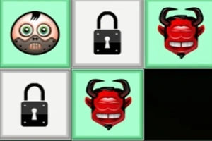 緑色と白色の背景に、怖い顔のキャラクター、錠前アイコン、赤い悪魔の顔が並んでいる画像。
