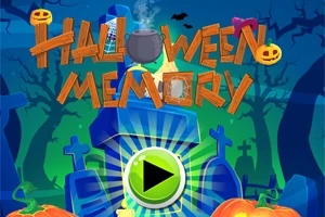 墓地に立つジャック・オー・ランタンと大きなスタートボタンがあるカラフルなハロウィンのテーマ背景。