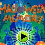 墓地に立つジャック・オー・ランタンと大きなスタートボタンがあるカラフルなハロウィンのテーマ背景。