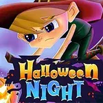 魔女の帽子をかぶったキャラクターがほうきに乗って飛んでいる、背景に満月とジャック・オー・ランタン。