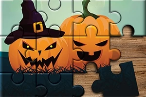 ハロウィンの帽子をかぶったカボチャと隣にある怖い顔のカボチャが描かれたジグソーパズル。