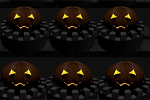 暗い背景に配置された6つのジャックオランタンが、黒い台座の上に整然と並んでいる。