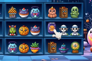 棚にハロウィンをテーマにしたかわいいキャラクターやオブジェが並んでいるイラスト。