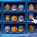 棚にハロウィンをテーマにしたかわいいキャラクターやオブジェが並んでいるイラスト。