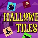 紫色の背景に「HALLOWEEN TILES」と書かれたテキストと、魔女の帽子、ゴースト、カボチャ、キャンディなどのハロウィン関連のイラストが描かれたタイル。
