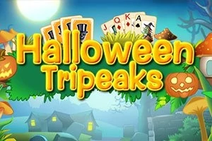 カボチャの顔とカードの背景に「Halloween Tripeaks」の文字があるハロウィンのイラスト。