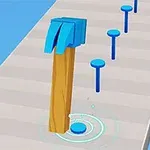 青いハンマーが並んだ青い釘を打ちつける様子。