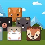山と青空を背景に、6つの動物の顔が描かれたキューブが並んでいるイラスト。