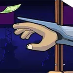 ギロチンの刃が落ちる寸前の手と、空中に浮かぶ紙幣。