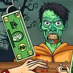 緑色のゾンビがフックにかかったお札とともにテーブルの後ろに立っている。