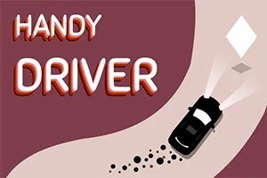 赤い背景にカーブを曲がる黒い車と宙に浮かぶ白い菱形、そして「HANDY DRIVER」の文字。