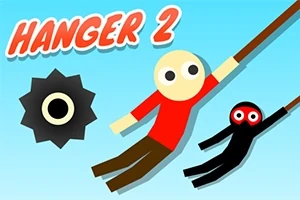 青い背景に赤いシャツのキャラクターと黒いキャラクターがロープでぶら下がっているイラスト。