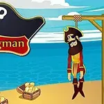 海賊の服装をしたキャラクターが絞首台に吊るされている様子と周囲に財宝があるビーチの風景。