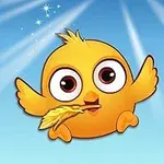 黄色い小鳥が羽をくわえて空にいるイラスト。
