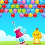 カラフルな球が並んでおり、黄色いヒヨコと発射装置が描かれているイラスト。
