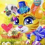 カラフルな衣装を着たアニメ調のウサギが、背景に卵や風船を持って明るい草原にいます。