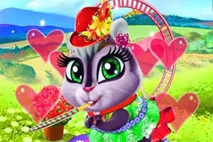 赤い帽子をかぶり、緑色のドレスを着た大きな目のカートゥーンの猫が、背景にはハートと田園風景が広がる中でストローを加えている。