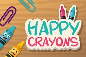 カラフルなクレヨンとクリップ、そして「HAPPY CRAYONS」の文字が木目の背景に描かれている。