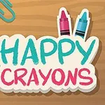 カラフルなクレヨンとクリップ、そして「HAPPY CRAYONS」の文字が木目の背景に描かれている。