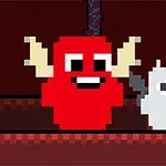 赤い背景の中、角がある赤いキャラクターと小さい灰色のキャラクターが描かれているピクセルアートのイラスト。