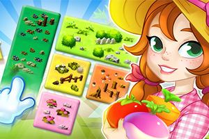 明るい背景にキャラクターの女の子が野菜を抱え、カラフルなタイル状のボードゲームが並んでいるイラスト。