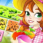 明るい背景にキャラクターの女の子が野菜を抱え、カラフルなタイル状のボードゲームが並んでいるイラスト。