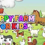 子供向けのカラフルな「HAPPY FARM FOR KIDS」の文字と様々な動物がいる牧場のイラスト。