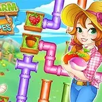 若い女性が野菜を抱えており、背景には犬と果物の入ったパイプがある。