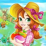 麦わら帽子をかぶった女性が野菜を持って微笑んでいる田舎の農場風景。