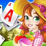 女性が野菜を持って立っており、背景にはトランプのカードと自然の風景があります。